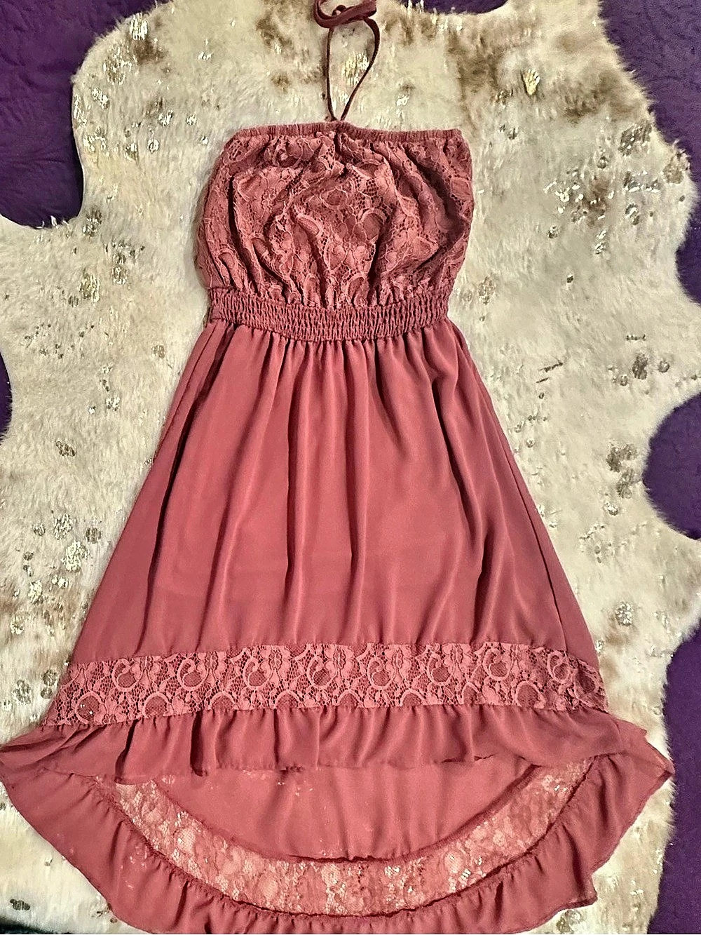 Vine & Valley Floral Lace Maxi Dress with High Low Hem in Pink Size Medium